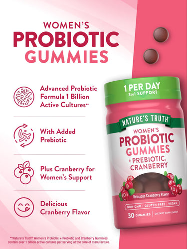 Two dark red gummies next to a bottle labeled NT Women's Probiotic, containing 30 gummies.