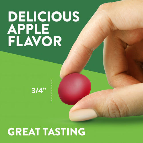 A red, round gummy, 3/4 inch in size, features the text 'DELICIOUS APPLE FLAVOR' and 'GREAT TASTING'.