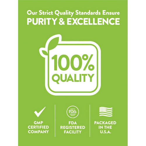 An infographic showing 100% quality, GMP certified company, FDA registered facility, packaged in the U.S.A.