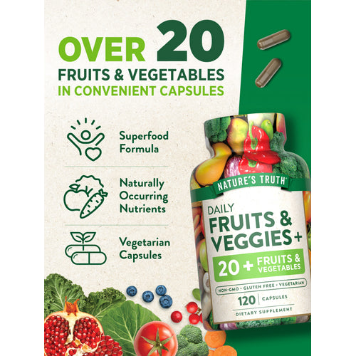 Product highlights graphic stating over 20 fruits & vegetables in capsules; superfood formula with naturally occurring nutrients.