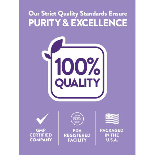 Infographic: Purity & Excellence Quality Standards, 100% Quality, GMP Certified Company, FDA Registered Facility, Packaged in the U.S.A.