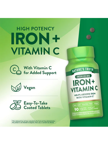 A pair of dark grey, round, coated tablets containing 65 mg of Iron plus Vitamin C, displayed on a hand scale.