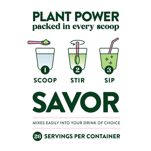 Graphic shows powder use: 1 scoop, 2 stir, 3 sip. Text includes 'Plant Power', 'Mixes easily', '26 servings per container'.