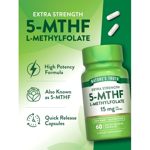 A hand holding two white L-Methylfolate 15 mg capsules.