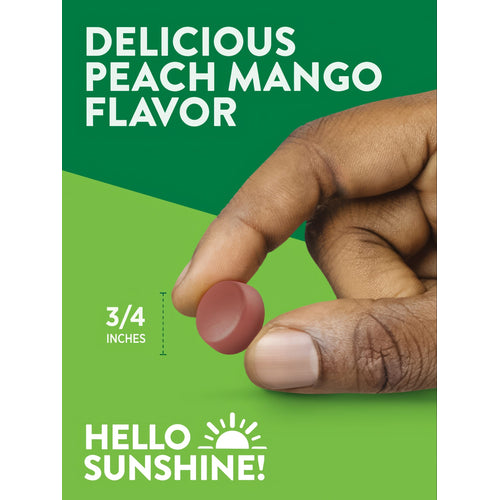 A hand holds a gummy in delicious Peach Mango Flavor, with a marker showing it measures 3/4 inches.