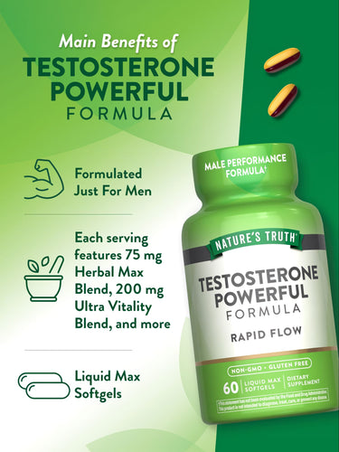 Two Liquid Max Softgels, yellow on top and reddish-brown on bottom, for a Testosterone Powerful Formula.