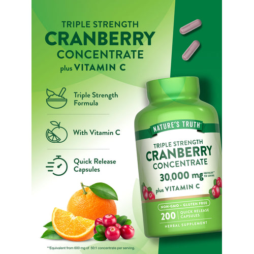 Triple Strength Cranberry Concentrate 30,000 mg plus Vitamin C, 200 Quick Release Capsules, Non-GMO and Gluten Free.