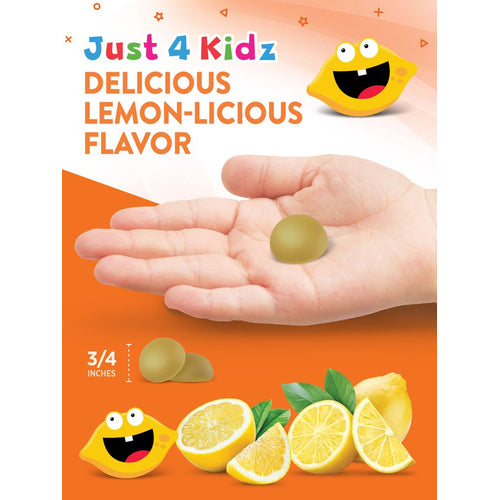 A hand holds an NT Kids C + Zinc gummy next to another gummy measuring 3/4 inches.