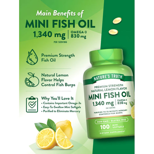 Hand holding two mini fish oil softgels, totaling 1,340 mg with 830 mg Omega-3 per serving.