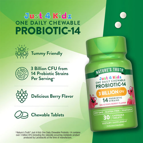 Two chewable white tablets from NT Kids Probiotic on display.