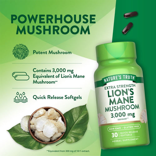 Hand holding two dark reddish-brown Lion's Mane Mushroom softgels, 3,000 mg equivalent.