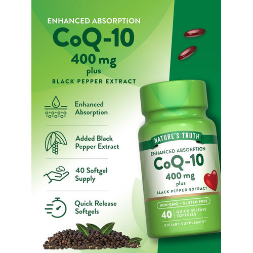 Two red CoQ-10 400 mg fast release softgels displayed.