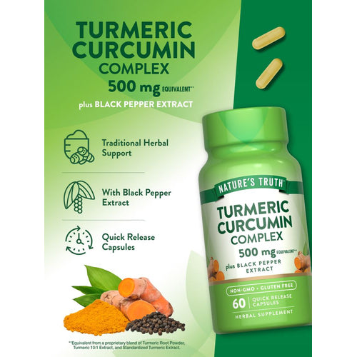 Light yellow Turmeric Curcumin Complex 500 mg capsules with black pepper extract, shown for size comparison on hand.