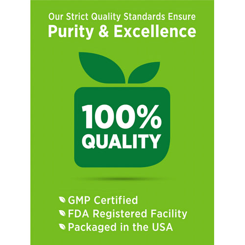 Infographic showing quality standards ensure purity, excellence, 100% quality, GMP certified, FDA registered, packaged in the USA.