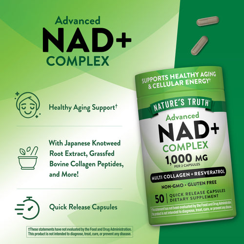 Nature's Truth Advanced NAD+ COMPLEX Multi Collagen + Resveratrol 1,000 MG, 50 Quick Release Capsules bottle and two capsules.