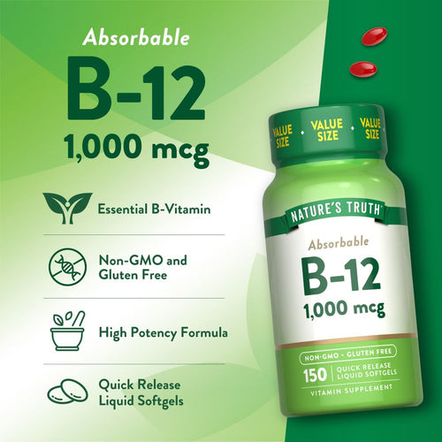 Two red, oval B-12 1,000 mcg Quick Release Liquid Softgels resting on a hand for scale.