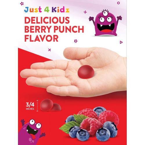 Just 4 Kidz Berry Punch gummies, each 3/4 inch, red color, bulk scale depicted with a hand for size reference.