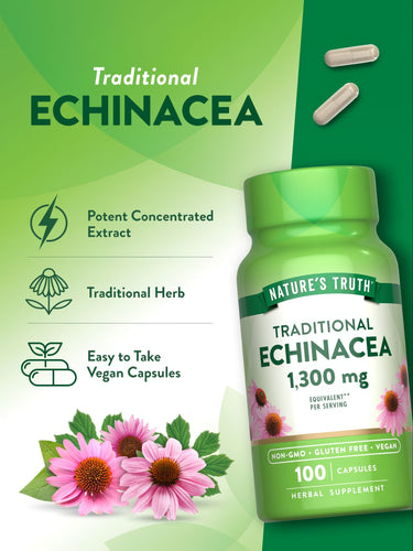 Two light tan Traditional Echinacea capsules, each equivalent to 1,300 mg, displayed on a bulk_scale.