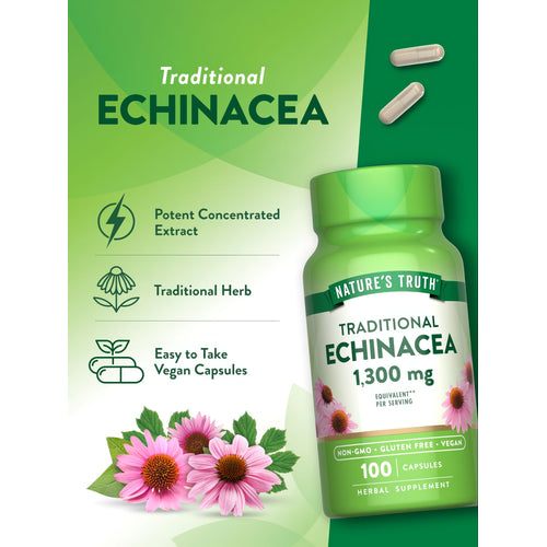 Two light tan Traditional Echinacea capsules, each equivalent to 1,300 mg, displayed on a bulk_scale.