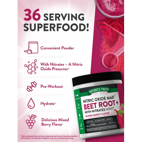Image of a hand holding a bulk scale container of 36 servings of Beet Root powder, weighing 7.73 oz (219 g).