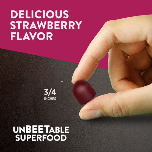 A gummy measuring 3/4 inches labeled with 'DELICIOUS STRAWBERRY FLAVOR' and 'UNBEETABLE SUPERFOOD' text.