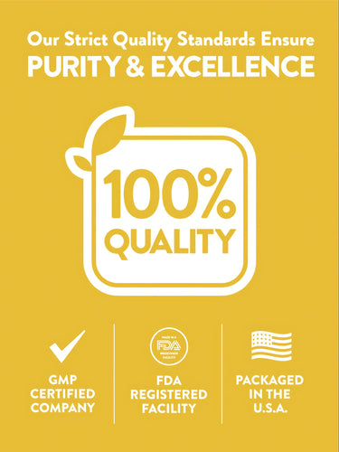 Infographic with text stating purity and excellence, 100% quality, GMP certified company, FDA registered facility, packaged in the USA.