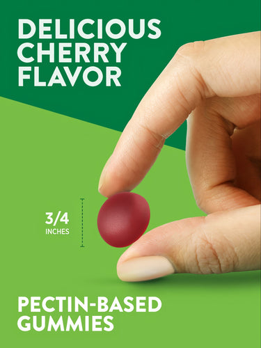 A red, pectin-based gummy held in a hand, measuring 3/4 inches. Text states: DELICIOUS CHERRY FLAVOR, PECTIN-BASED GUMMIES.