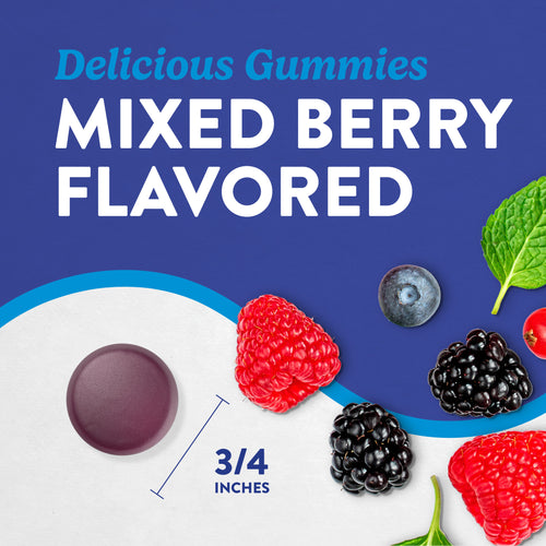 Mixed Berry Flavored gummy, 3/4 inches, depicts raspberries, blueberries, blackberries, red currants, and a mint leaf.