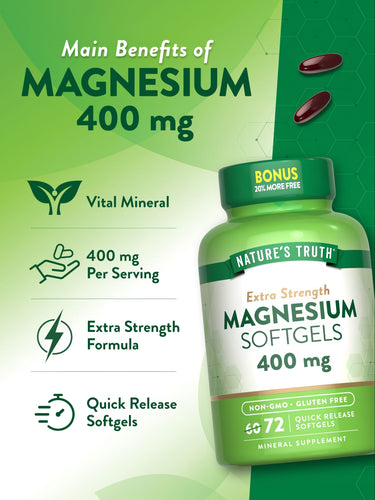 Graphic highlights Vital Mineral, 400 mg per serving, extra strength formula, quick release softgels.