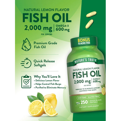 Three oval, yellow-gold softgels of Natural Lemon Flavor Fish Oil, 2,000 mg, Omega-3 600 mg, on a bulk hand scale.