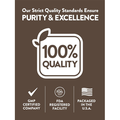 Infographic with text: Purity & Excellence, 100% Quality, GMP Certified Company, FDA Registered Facility, Packaged in the U.S.A.