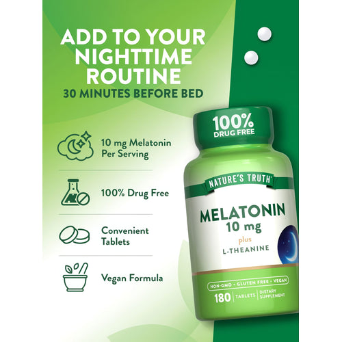 Two white Melatonin 10 mg tablets on a surface.