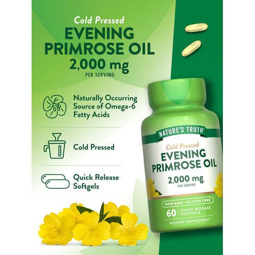 A hand holding a 2,000 mg Evening Primrose Oil Quick Release Softgel, highlighting its size and scale.