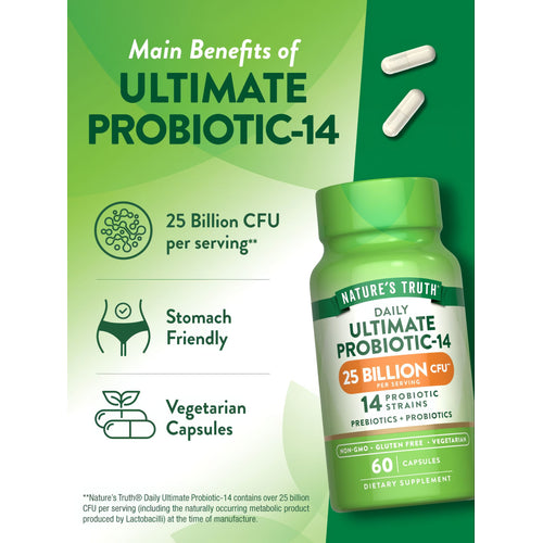 Two white vegetarian capsules, each providing 25 Billion CFUs, are displayed on a bulk scale in a hand-scale image format.
