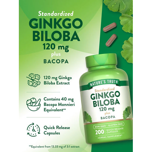 Two brown Quick Release Capsules containing Ginkgo 120 mg and Bacopa are shown.
