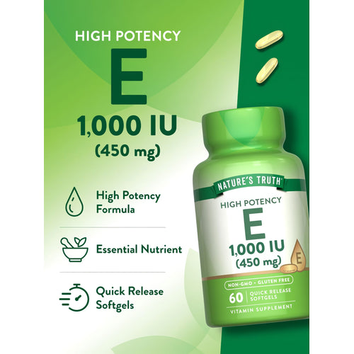 Two high potency 1,000 IU (450 mg) quick release softgels shown on a hand scale.