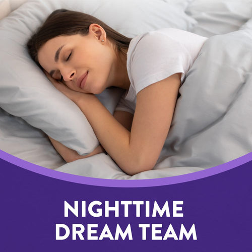 A young woman sleeps peacefully in bed, next to a purple graphic saying 'NIGHTTIME DREAM TEAM'.