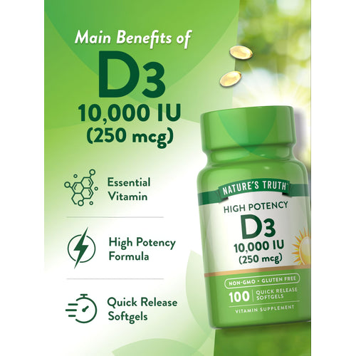 Two golden softgels of Nature's Truth D3 with 10,000 IU (250 mcg) dosage.