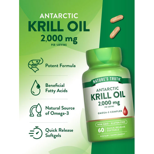Two reddish-brown oval Quick Release Krill Oil Softgels displayed on a hand for scale.