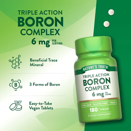Two white tablets of Triple Action Boron Complex, each containing 6 mg, placed on a scale for measurement.