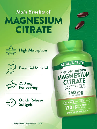 Two dark red Magnesium Citrate 250 mg softgels shown on a hand for size comparison.