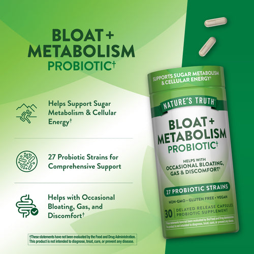 Bloat and Metabolism Probiotic Supplement with 30 delayed release capsules for digestive health.
