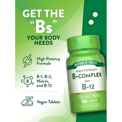 Two round white tablets labeled B-Complex + B-12, shown on a hand scale.