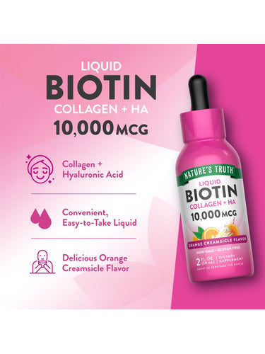 Nature's Truth Liquid Biotin Collagen + HA, 10,000 mcg, Orange Creamsicle flavor, 2 fl. oz (59 mL) bottle on hand scale.