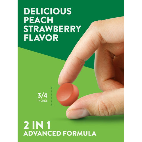 A 3/4 inch gummy labeled 'DELICIOUS PEACH STRAWBERRY FLAVOR' with '2 IN 1 ADVANCED FORMULA' text on bulk scale.