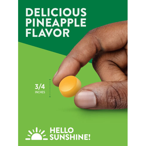 A single yellow gummy measuring 3/4 inches with the text 'DELICIOUS PINEAPPLE FLAVOR' displayed on it.
