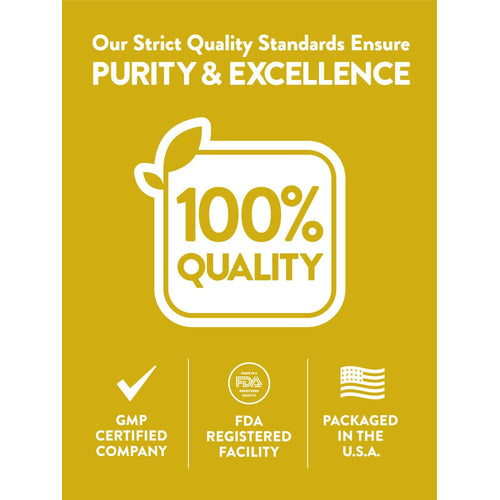 Infographic: Our Strict Quality Standards Ensure PURITY & EXCELLENCE, 100% QUALITY, GMP CERTIFIED, FDA REGISTERED FACILITY, PACKAGED IN THE U.S.A.