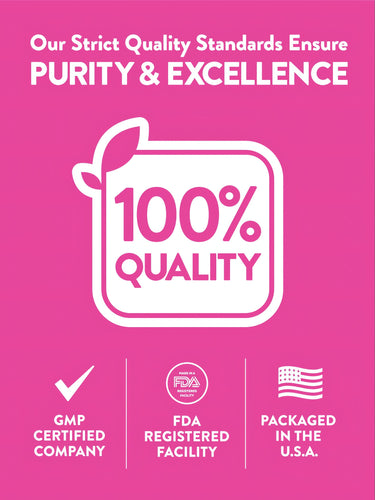 Infographic showing 100% quality, GMP-certified company, FDA-registered facility, packaged in the U.S.A.