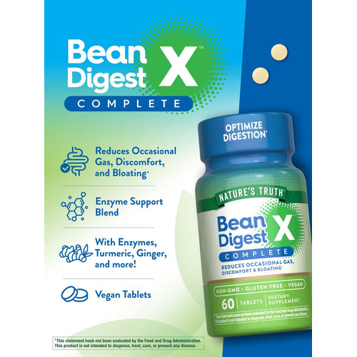 A hand holds two round, light yellow Bean X Enzyme Complex tablets.
