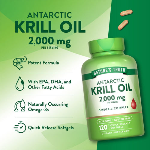 Two 2,000 mg Antarctic Krill Oil softgels shown on a hand for scale.